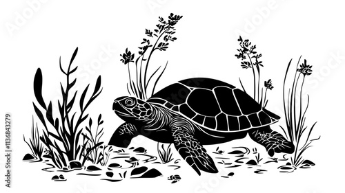 Turtle eating underwater vegetation in a clear stream, Vectorized Animal Art