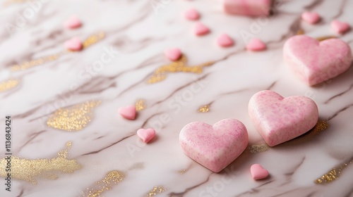 Chic elegance of pink hearts on a marble surface adorned with gold accents in a studio setting