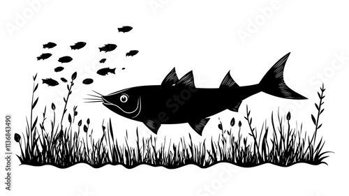 Catfish using whiskers to probe river bottom for food, Vectorized Animal Art