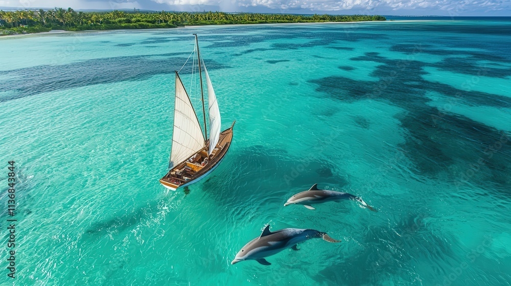 Naklejka premium Dolphins swimming alongside a sailboat in turquoise waters