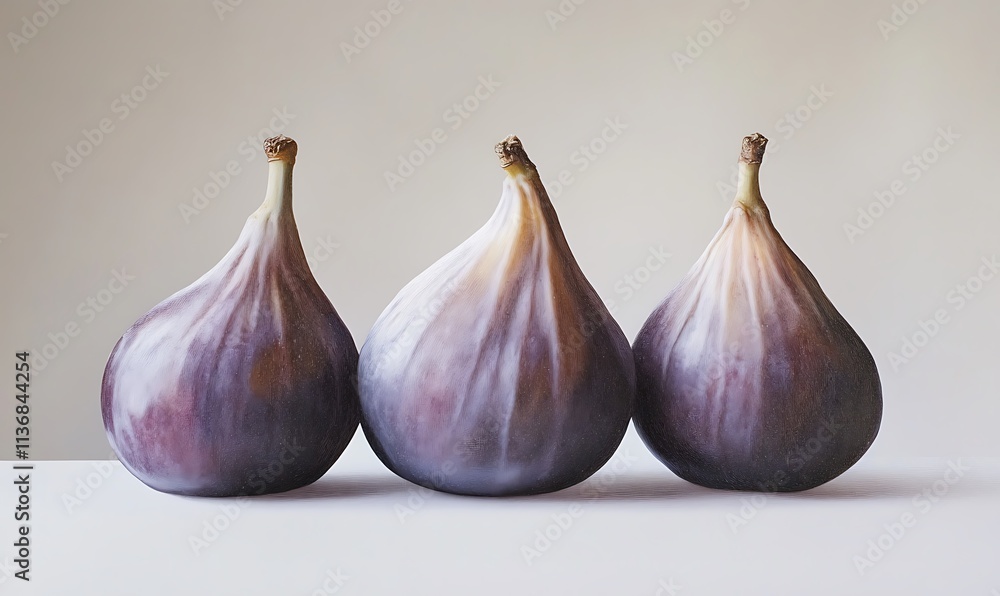 Fototapeta premium Three Dark Purple Figs Resting on White Surface