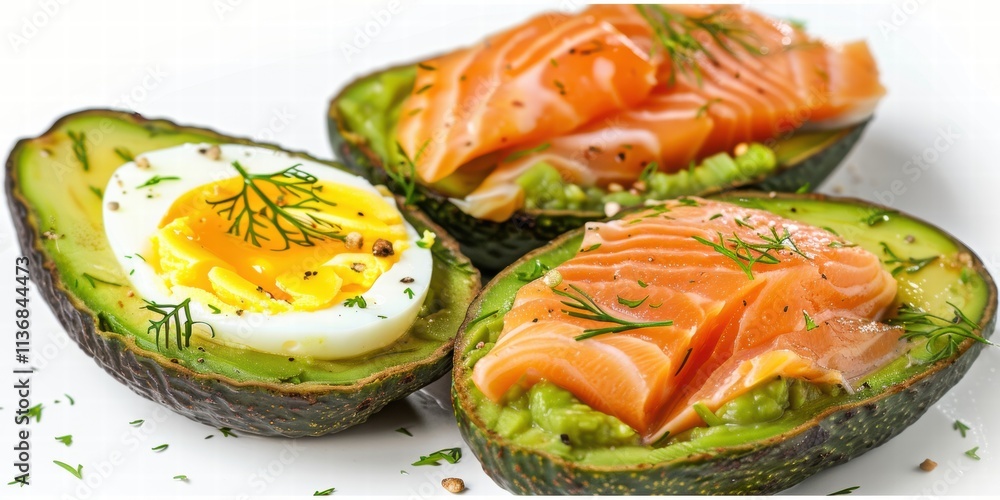 Avocado, salmon, eggs, on white background Avocado, salmon, eggs, on white background