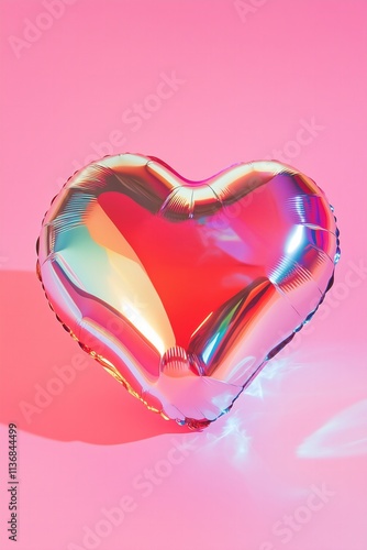 metallic red heart shaped foil balloon on a string on a pink red gradient background