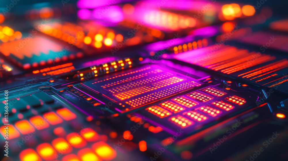 Colorful electronic circuit board with glowing components and intricate design in a dark setting Colorful electronic circuit board with glowing components and intricate design in a dark setting