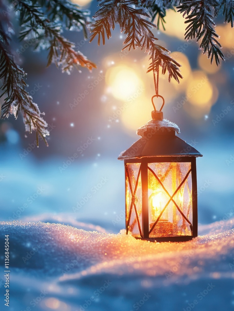 Christmas Lantern On Snow With Fir Branch in the Sunlight. Winter Decoration Background Christmas Lantern On Snow With Fir Branch in the Sunlight. Winter Decoration Background