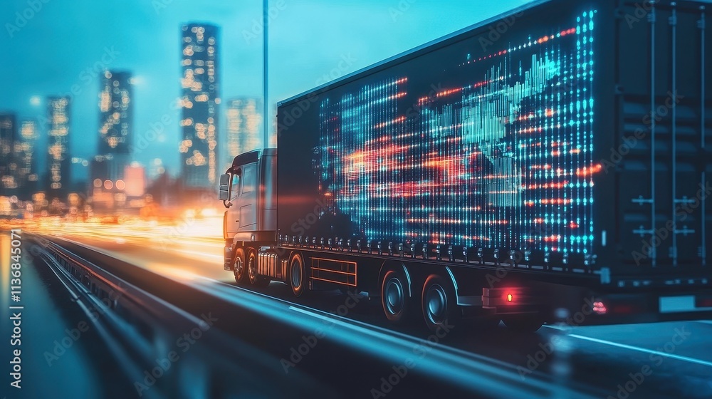 Futuristic Night Cityscape with High-Tech Truck on Highway Motion Futuristic Night Cityscape with High-Tech Truck on Highway Motion