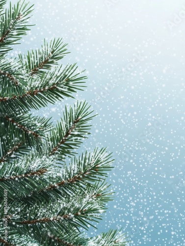 Christmas tree branches with a garland against falling snow.