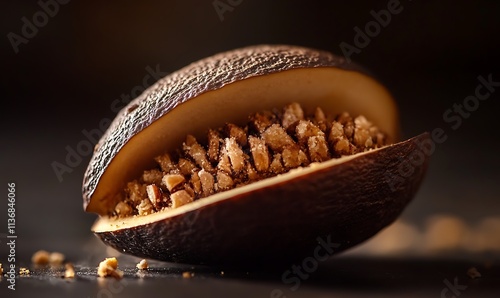 A halved dark fruit revealing its inner seeds