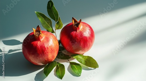 Two ripe pomegranates beautifully displayed with green leaves, representing freshness and vitality in nature's bounty.