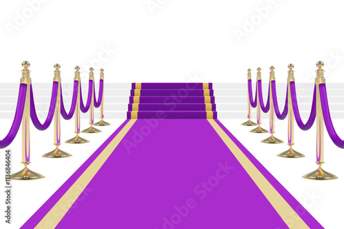 Purple carpet with stairs, podium, red ropes and golden stanchions. Vector illustration.
