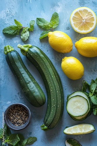 A fresh assortment of zucchinis, lemons, and cucumbers laid out artistically, perfect for healthy recipes and meals.