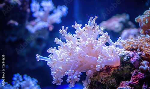 A detailed close-up of underwater coral, showcasing intricate textures and forms in a beautiful marine environment.