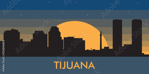 Black silhouette of the city of Tijuana against the background of the night starry sky and a large yellow moon