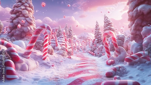 Giant candy canes in a snowy landscape with pink glowing skies, surrounded by trees covered in snow