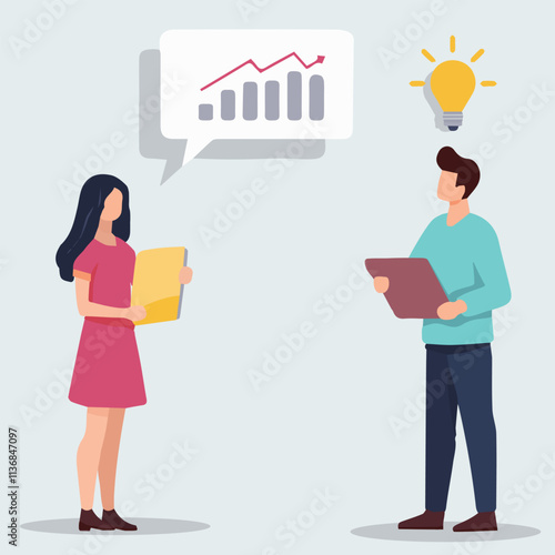 Sales messengers. Employees are conducting a dialogue and thinking about how to increase the sales rate. Vector illustration of EPS 10.