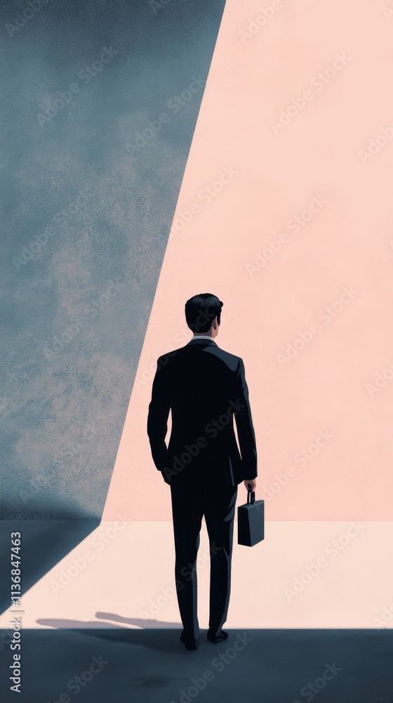 Fototapeta premium Businessman in suit holding a briefcase standing in a dramatic light and shadow environment with contrasting blue and pink walls