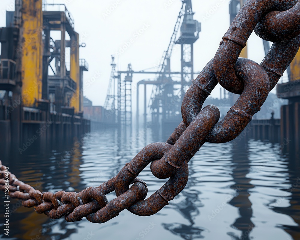 Naklejka premium Rusty chains hang over still water, creating a striking contrast with the industrial landscape in the background.