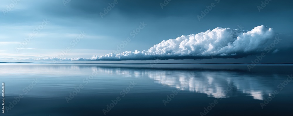 Obraz premium A serene seascape featuring calm waters reflecting a dramatic cloud formation in a blue-toned sky.