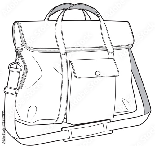 Fold over briefcase flat sketch vector illustration technical cad drawing template