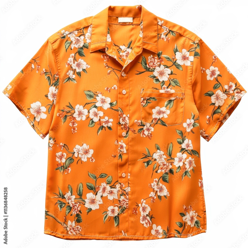 A vibrant short-sleeve shirt with a floral pattern in orange, perfect for summer attire, beach outings, or casual gatherings, Ideal for clothing retailers or fashion blogs,