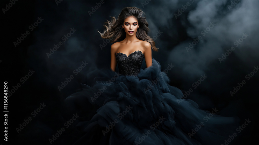 An elegant fashion model wearing a dress made from smoke, captured with dramatic lighting against a dark background in a rule of thirds composition An elegant fashion model wearing a dress made from smoke, captured with dramatic lighting against a dark background in a rule of thirds composition