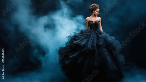 An elegant fashion model wearing a dress made from smoke, captured with dramatic lighting against a dark background in a rule of thirds composition