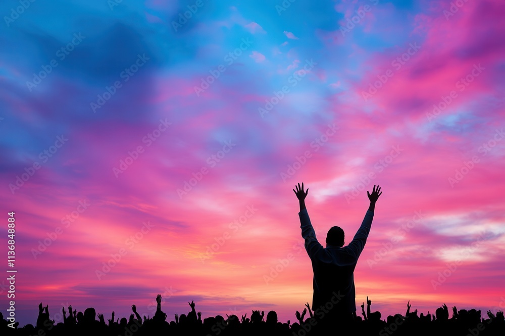 Silhouette of a man celebrating against a vibrant sunset sky, raising hands in joy. Silhouette of a man celebrating against a vibrant sunset sky, raising hands in joy.