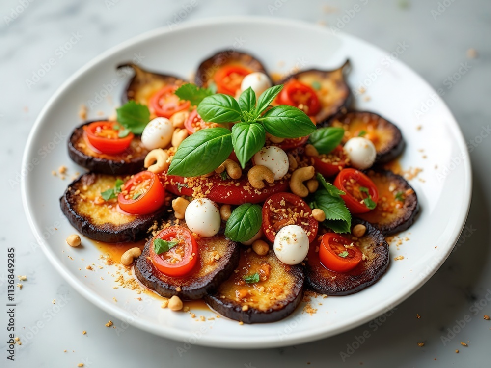 A vibrant salad features layered slices of roasted eggplant, decorated with cherry tomatoes, fresh basil, and creamy mozzarella balls. Perfectly arranged for a delightful meal. Generative AI A vibrant salad features layered slices of roasted eggplant, decorated with cherry tomatoes, fresh basil, and creamy mozzarella balls. Perfectly arranged for a delightful meal. Generative AI