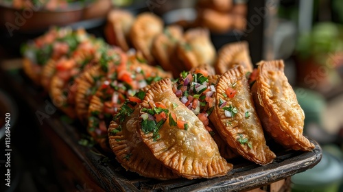 A tray of golden empanadas topped with fresh salsa and herbs, showcasing delicious cuisine.