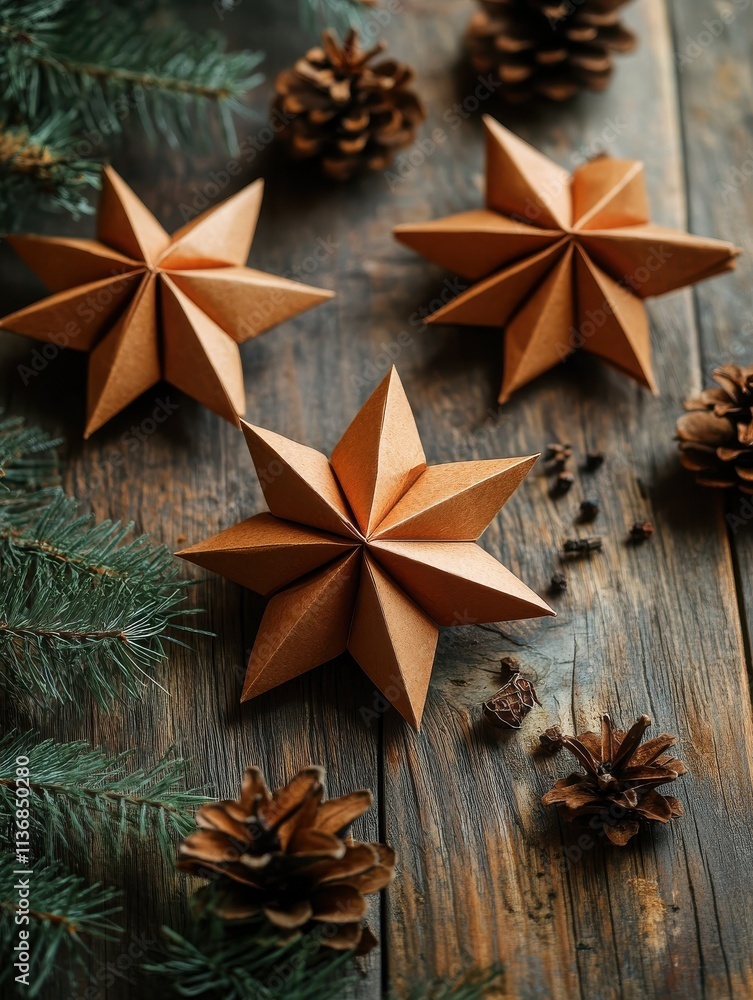 Cute handmade origami postcard from recycled paper with anise star on wooden background. Homemade gingerbread cookies. Holiday craft, family tradition, quality time., simple easy do it yourself decor Cute handmade origami postcard from recycled paper with anise star on wooden background. Homemade gingerbread cookies. Holiday craft, family tradition, quality time., simple easy do it yourself decor