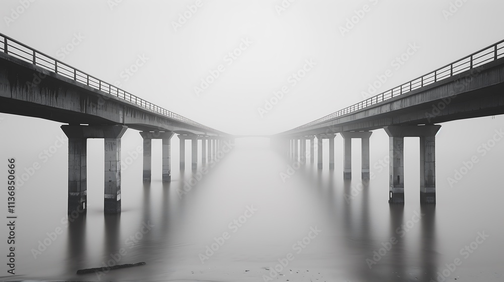 a large suspension bridge on a river connecting two city sides lost in thick fog a large suspension bridge on a river connecting two city sides lost in thick fog