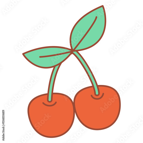 Two cherries groovy style. Isolated on white background.Vector illustration. Ripe cherry and bunches. 