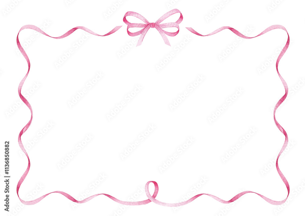 Pink ribbon bow frame, hand drawn watercolor illustration isolated on white background. Horizontal template for greeting card or wedding invitation Pink ribbon bow frame, hand drawn watercolor illustration isolated on white background. Horizontal template for greeting card or wedding invitation