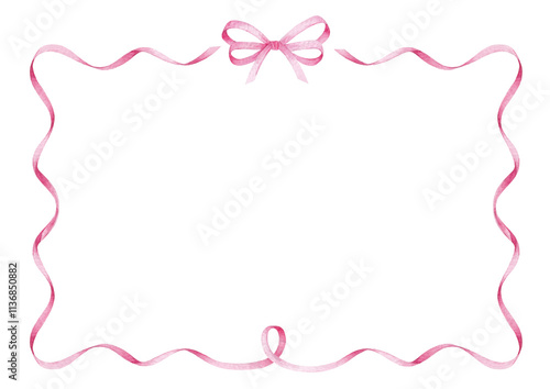 Pink ribbon bow frame, hand drawn watercolor illustration isolated on white background. Horizontal template for greeting card or wedding invitation