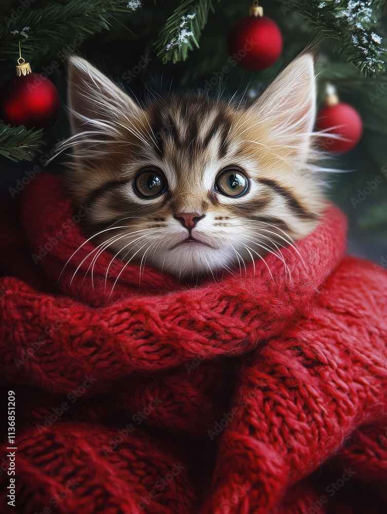 Cute fluffy kitten in a red scarf near the Christmas tree Cute fluffy kitten in a red scarf near the Christmas tree