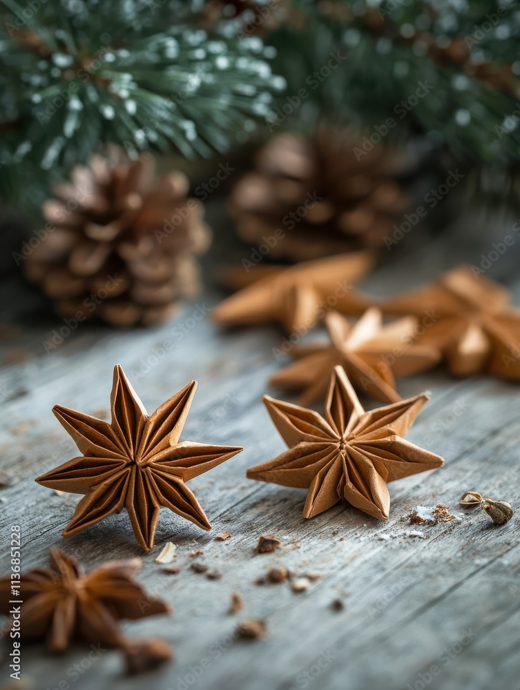 Cute handmade origami postcard from recycled paper with anise star on wooden background. Homemade gingerbread cookies. Holiday craft, family tradition, quality time., simple easy do it yourself decor Cute handmade origami postcard from recycled paper with anise star on wooden background. Homemade gingerbread cookies. Holiday craft, family tradition, quality time., simple easy do it yourself decor