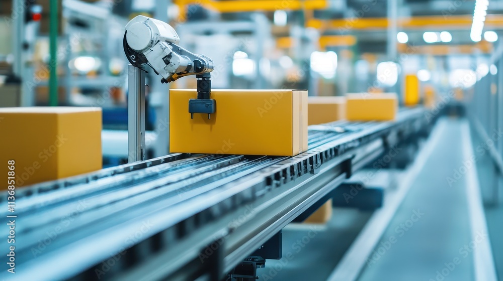 Obraz premium Automated Conveyor Belt with Robotic Arm in Industrial Warehouse Setting