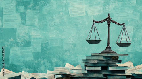 Conceptual Image of Justice and Law with Scales on Stack of Books Against a Textured Background with Legal Documents Representing Legal Systems and Knowledge