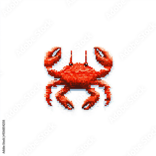 Pixel art red crab showing claws on white background