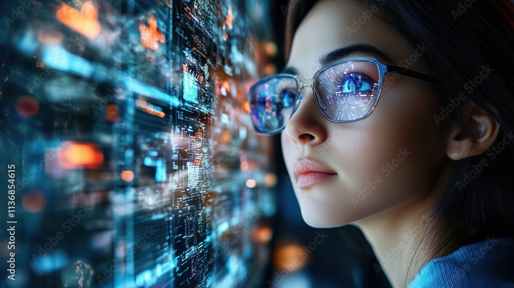 Futuristic Woman with Glasses Analyzing Digital Data Screen, Futuristic Digital Vision, AI Data Analysis Futuristic Woman with Glasses Analyzing Digital Data Screen, Futuristic Digital Vision, AI Data Analysis