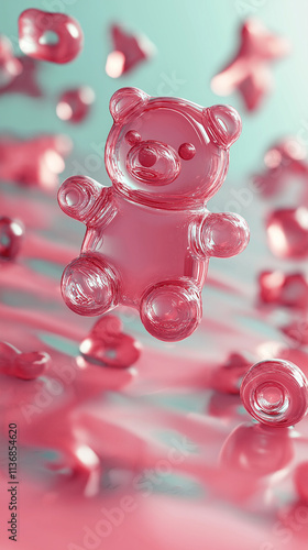 Pink translucent gummy bear floating on a reflective surface