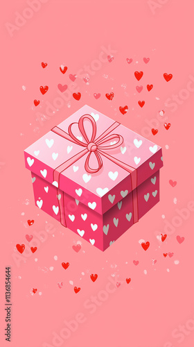 Pink gift box covered with hearts floating on a pink background