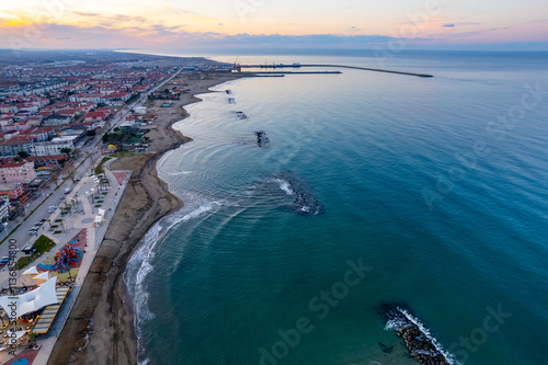 Karasu District in Sakarya, Turkey. Sunset landscape of Karasu. Aerial shooting with drone. photo