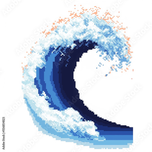 Pixelated great wave breaking with blue and white splashes
