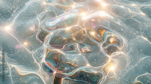 Iridescent liquid surface shining with golden light reflections