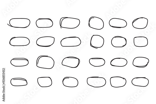 Black circle highlight, pen ovals doodle. Marker ellipses frames in sketch style. Hand drawn vector illustration isolated on white background