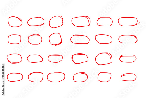 Set of hand drawn red doodle ellipses. Bright red scribble ovals and bubbles to circle and highlight text. Collection of different brush drawn black circles. Marker round elements isolated on white