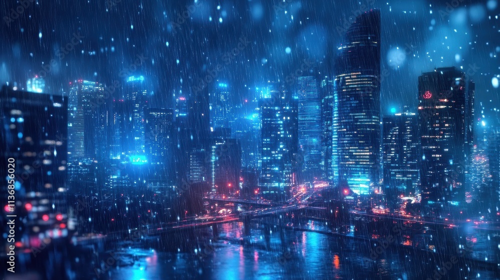 Fototapeta premium Rainy Night Cityscape with Modern Skyscrapers and Bright Urban Lights in Blue Tones
