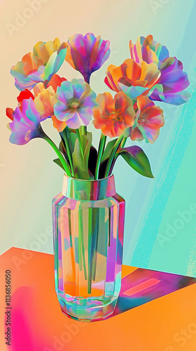 Colorful poppy flowers in iridescent glass vase on vibrant background