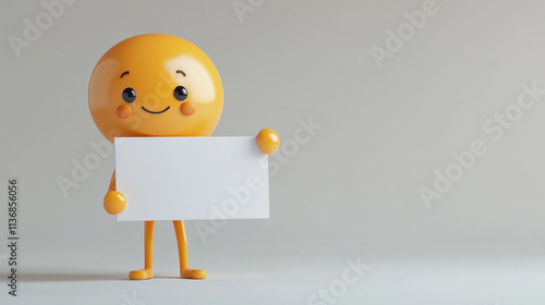 Cheerful cartoon character with a round yellow head and orange limbs holding a blank sign on a minimalistic gray background for customizable messaging applications photo